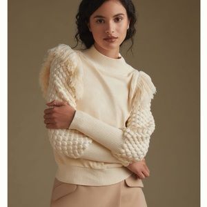 Anthropologie Cream Sweater with Fringe Detailing
